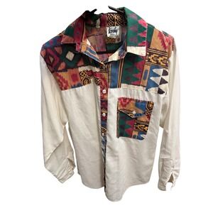 Vintage Tapestry Geometric western Print  Button Up Shirt Women Cream Multicolor